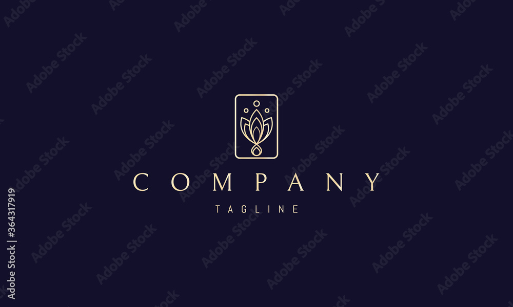 Vector golden logo on which an abstract image of three leaves and a drop at the bottom in a rectangle.