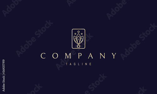 Vector golden logo on which an abstract image of three leaves and a drop at the bottom in a rectangle.