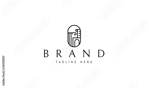 Vector logo on which an abstract image of Greek columns and arches as well as a scroll with poetry in an oval.