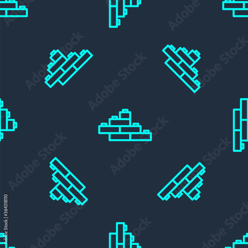 Green line Toy building block bricks for children icon isolated seamless pattern on blue background. Vector.
