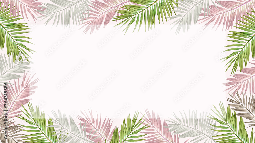 Tropical frame with watercolor palm leaves in pastel colors.