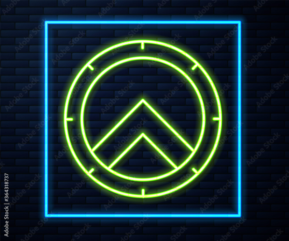 Glowing neon line Greek shield with greek ornament icon isolated on brick wall background. Vector.