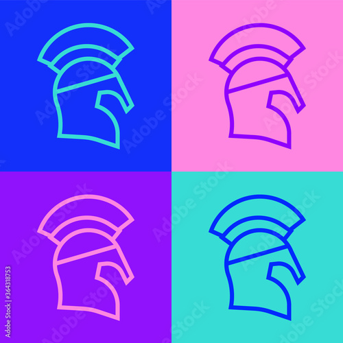 Pop art line Greek helmet icon isolated on color background. Antiques helmet for head protection soldiers with a crest of feathers or horsehair. Vector.