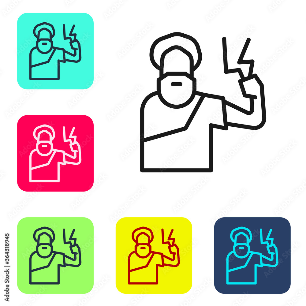 Black line Zeus icon isolated on white background. Greek god. God of Lightning. Set icons in color square buttons. Vector. Black line Zeus icon isolated on white background. Greek god. God of Lightning. Set icons in color square buttons. Vector.