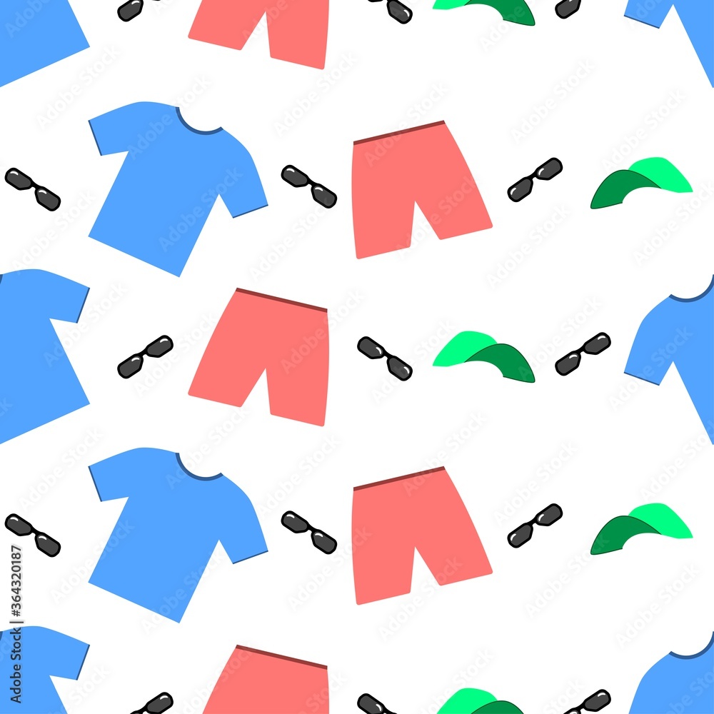 Vector graphics, seamless background, cap, shorts, sunglasses and a t-shirt. Flat design. Vector graphics, seamless background, cap, shorts, sunglasses and a t-shirt. Flat design.