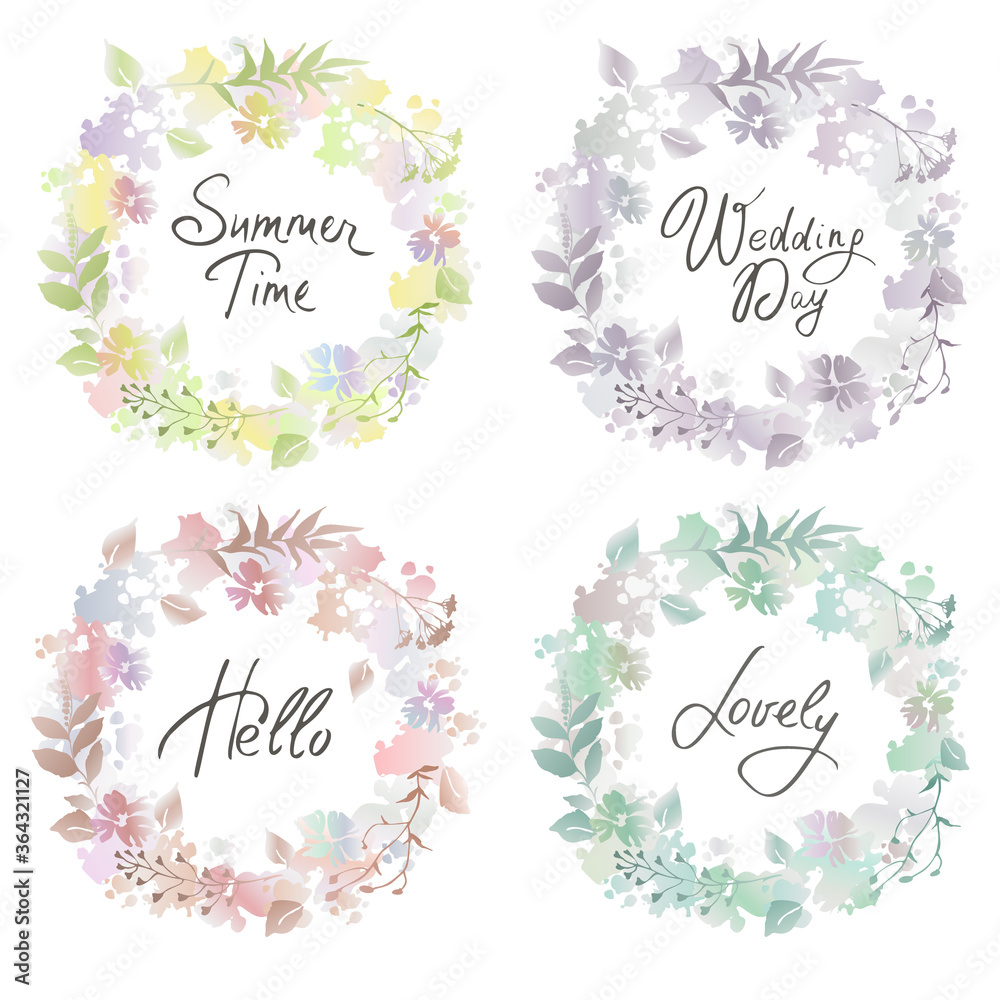 Set of watercolor floral wreath with different lettering inscriptions. Design elements.