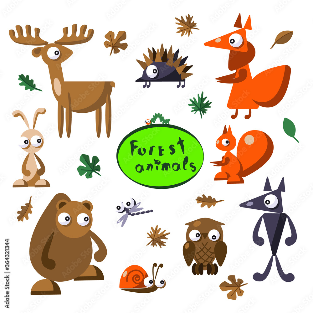Fototapeta premium Set of forest animal in cute cartoon style: elk, fox, hedgehog, hare, bear, wolf, owl, squirrel, dragonfly and snail. Vector illustration.