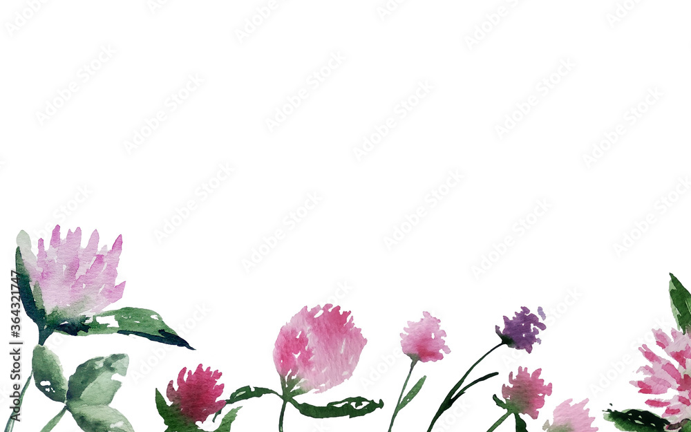 Fototapeta premium Hand drawn illustration. Template with clower flowers and leaves on white background. Watercolor illustration