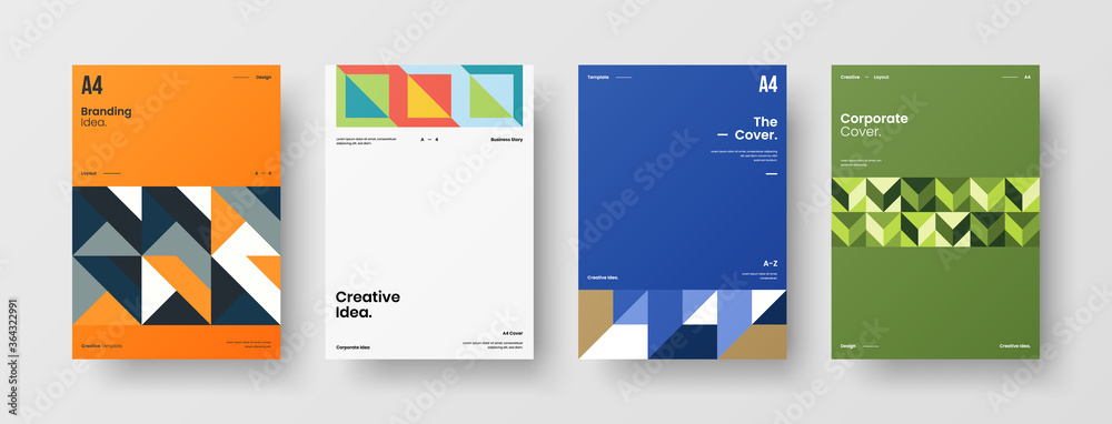 Company identity brochure template collection. Business presentation vector A4 vertical orientation front page mock up set. Corporate report cover abstract geometric illustration design layout bundle.