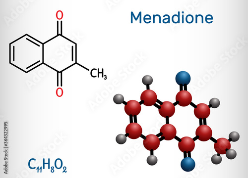 Menadione, menaphthone, provitamin molecule. It is called vitamin K3.  Structural chemical formula and molecule model