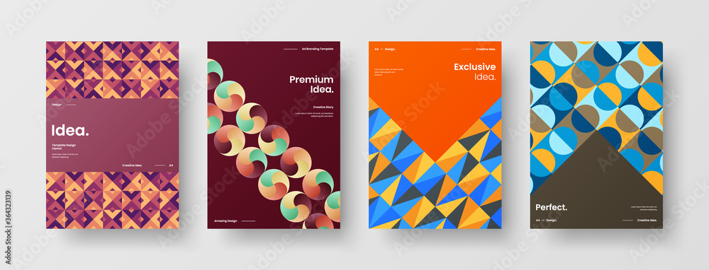 Fototapeta premium Company identity brochure template collection. Business presentation vector A4 vertical orientation front page mock up set. Corporate report cover abstract geometric illustration design layout bundle.