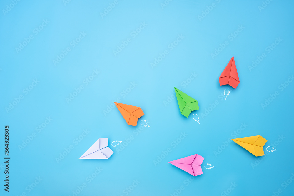 Group of paper planes individual pointing in the different way. Business for Innovative solution Concept, copy space - obrazy, fototapety, plakaty 