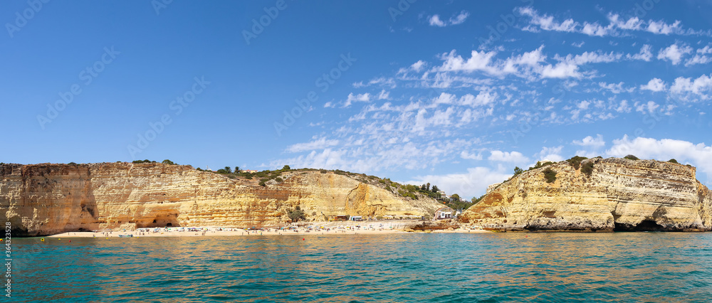 Panoramic view of Vale de Centeanes Beach in Carvoeiro, Algarve, Portugal