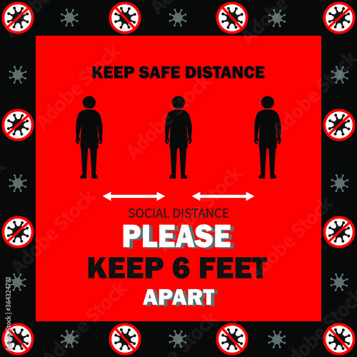 Red banner. Social distancing sign. Please keep 6 feet apart for customer queue at shop, restaurant, building, hotel, shopping mall, store. Keep distance in public to protect COVID-19.