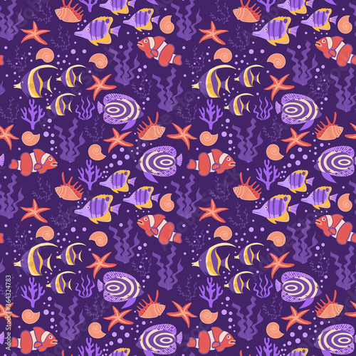 Tropical fish seamless pattern. Cute cartoon underwater creatures on purple background. Vector illustration.