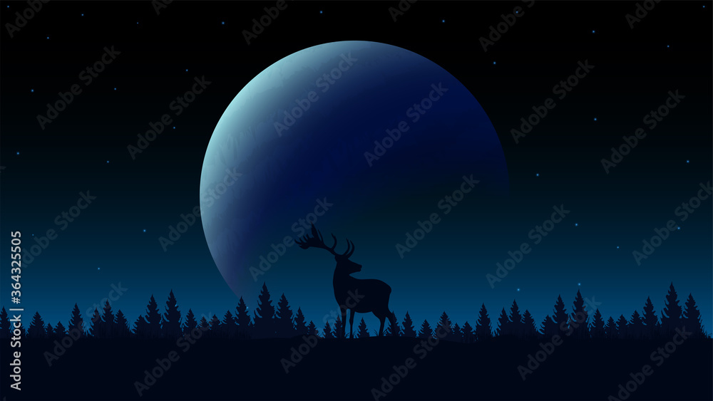 Night landscape with a large planet on the horizon, the silhouette of a pine forest and the silhouette of a deer in a meadow. Blue night landscape