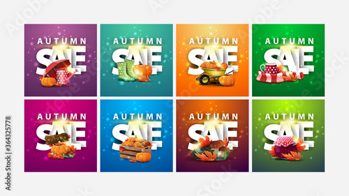 Autumn sale  large collection of square discount banners with 3D text and autumn elements. Green  orange  purple  blue and pink autumn discount banners