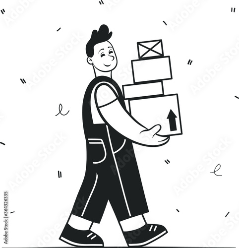 Couriers holding boxes. Concept of contactless or to the door delivery. Isolated sketch object. Flat vector illustration