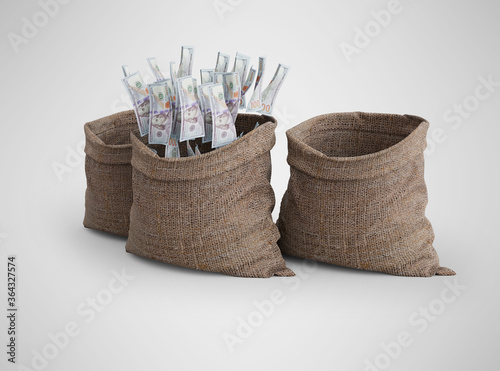 3d rendering concept of money falling in bag on gray background with shadow