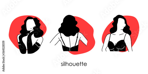 Female erotic silhouettes on a white background. The style of burlesque. Gestures of hands, feet, gloves on the hands. Nail stickers, wall stickers. Black line. Vector.