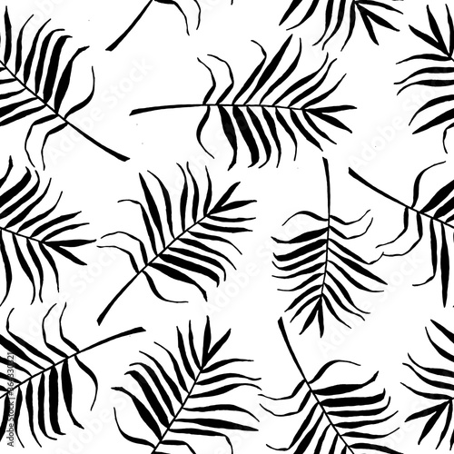 palm leaves hand drawn seamless pattern. vector, monochrome. For the design of wallpaper, textile, wrapping paper, background, tropical floral print