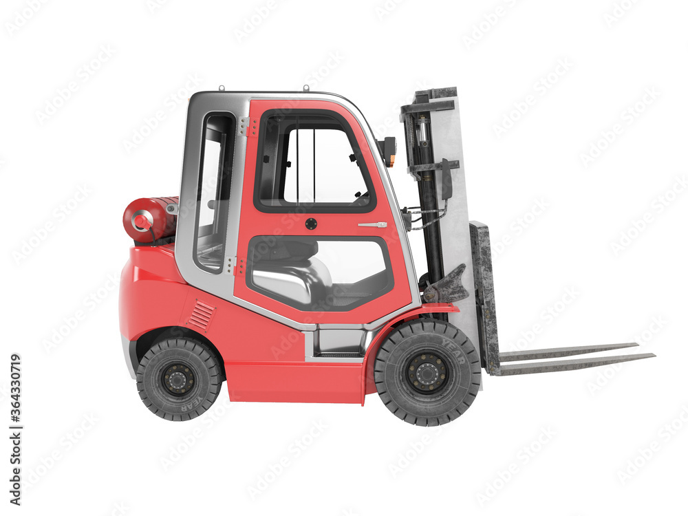 Naklejka premium 3d rendering red side view gas forklift for warehouse side view on white background no shadow