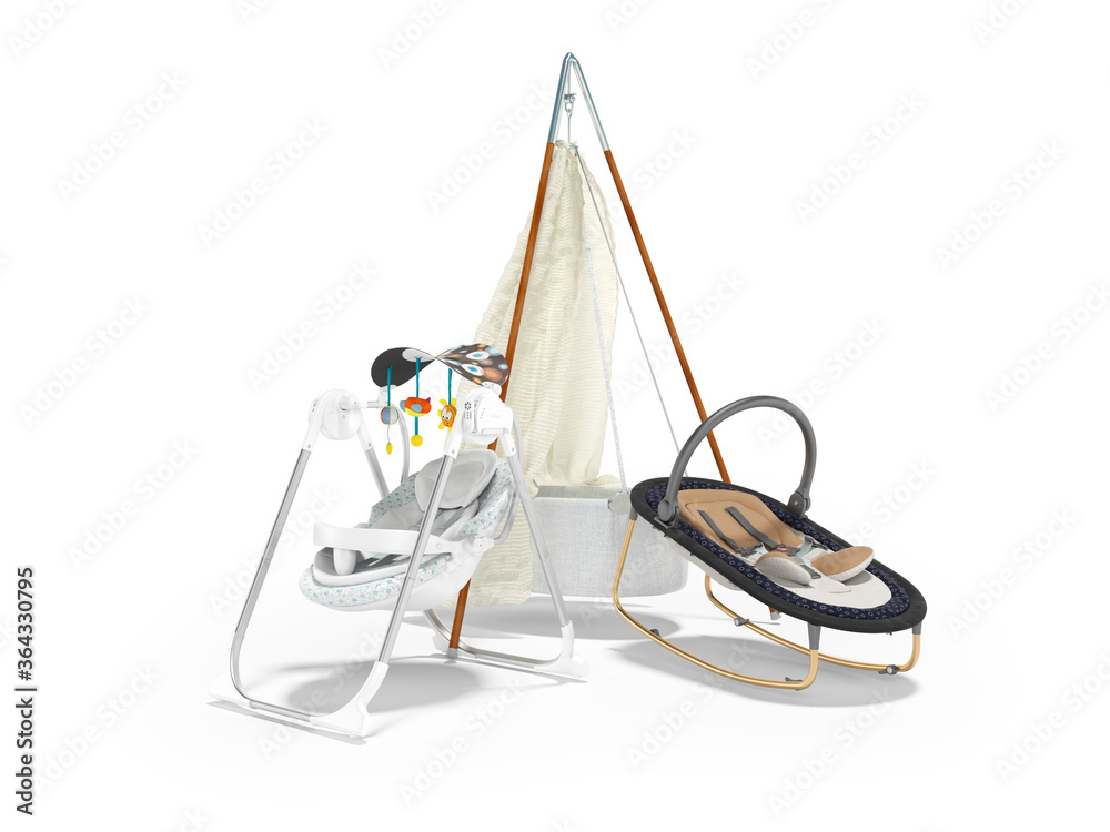 3D rendering set for sleeping baby, rocking crib and rocking chair with toys on white background with shadow