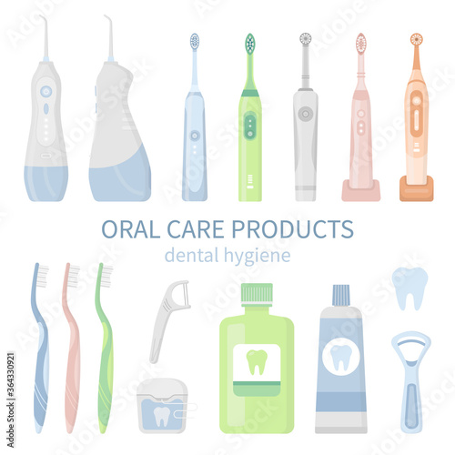 Vector illustration set of dental cleaning tools and oral care hygiene products on white background. Electric toothbrush, toothpaste, floss, irrigator, waterpick, mouthwash, tongue scraper, tooth.