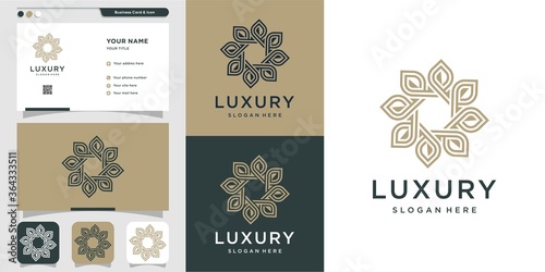 Luxury floral logo and business card wit line art design template Premium Vector