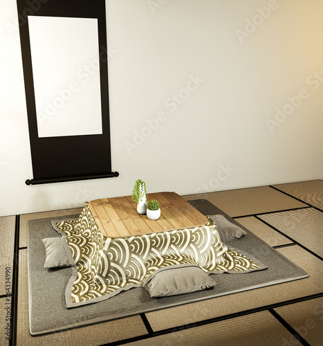 kotatsu low table and pillow ontatami mat, room japan and frame mock up.3D rednering photo