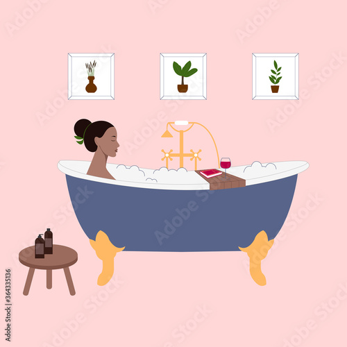 Young black woman in bath is relaxing with book and glass of wine. Everyday routine at home. Feminine life, home leisure and recreation activity. Flat illustration. Bathroom interior. 