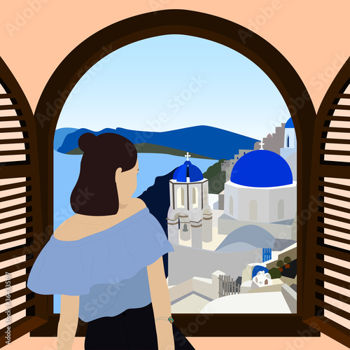 Young woman is looking out of the window at the sea and village. Window with view of Greece and Santorini. Concept of traveling alone and summer journey. Summer illustration of happy girl at vacation.