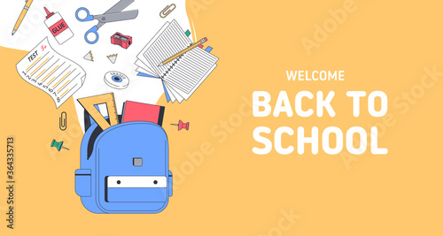 Back to school banner. School supplies with bag. Templates with place for text for invitation, poster, banner, sale. Vector back to school illustration.