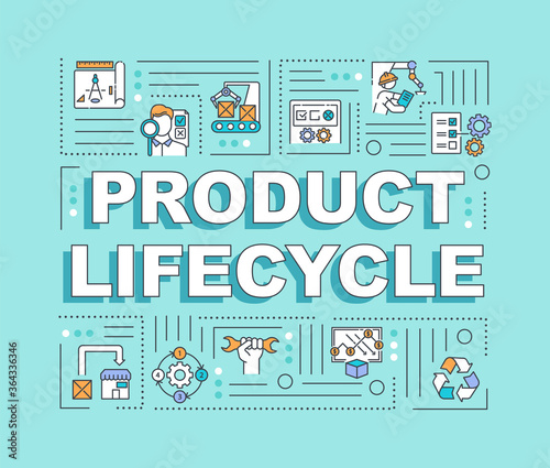 Product lifecycle word concepts banner. Manufacturing workflow innovation. Infographics with linear icons on turquoise background. Isolated typography. Vector outline RGB color illustration
