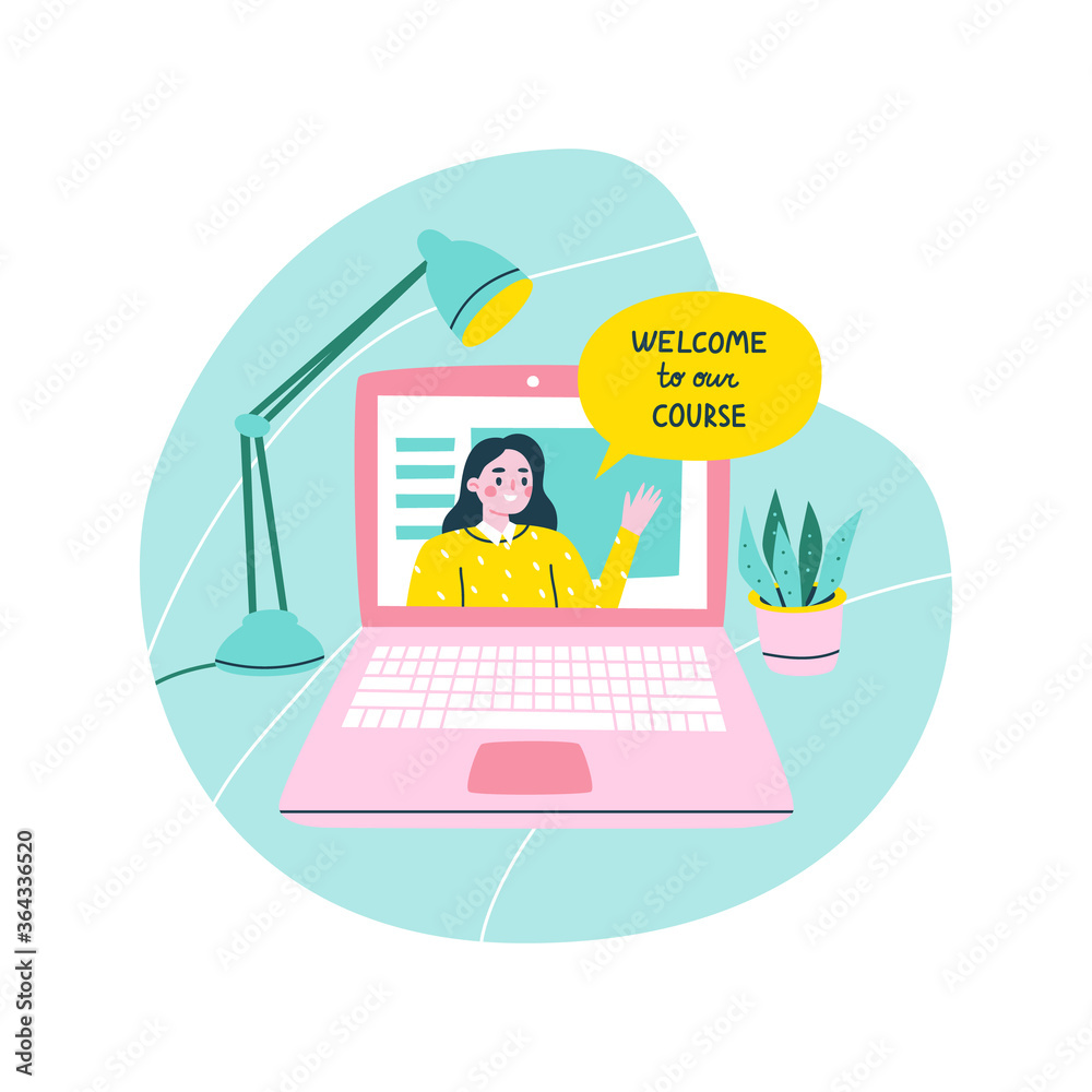 Fototapeta premium Vector illustration of a teacher welcoming new students to an online course. E-learning, online training concept in trendy cartoon style.