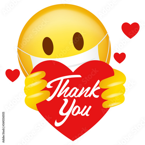 Emoticon wearing medical mask holding heart symbol with Thank You messag
