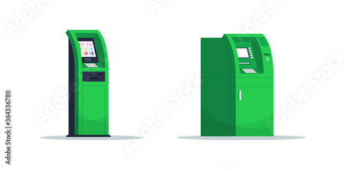 Self serving kiosks semi flat RGB color vector illustration set. ATM for cash withdrawal. Financial operation with automated machine. Bank terminal isolated cartoon object on white background pack