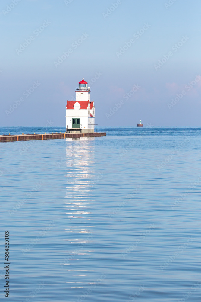 Kewaunee Pierhead Lighthouse in Kewaunee, Wisconsin on lake Michigan in July