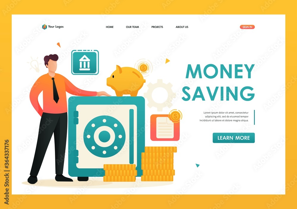 Person saves money in a safe, keeps money in the Bank in a Bank Deposit. Flat 2D character. Landing page concepts and web design