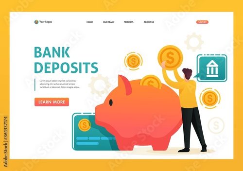 Man puts money in a piggy Bank, invests money, a Bank Deposit. Flat 2D character. Landing page concepts and web design