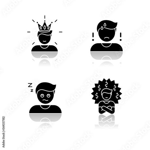 Negative feelings and bad traits drop shadow black glyph icons set. Human emotions, personal feelings. Self confidence, worry, boredom and greed. Isolated vector illustrations on white space