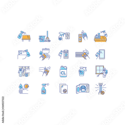 Disinfection RGB color icons set. Surface cleaning, sanitation and hygiene. Antibacterial sanitizers and decontamination rules. Isolated vector illustrations