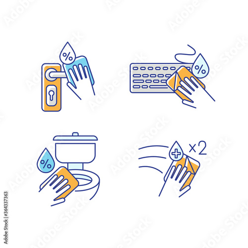 Surface cleaning RGB color icons set. Door knob, keyboard and toiled disinfection with antibacterial wipes. Housekeeping chores. Isolated vector illustrations