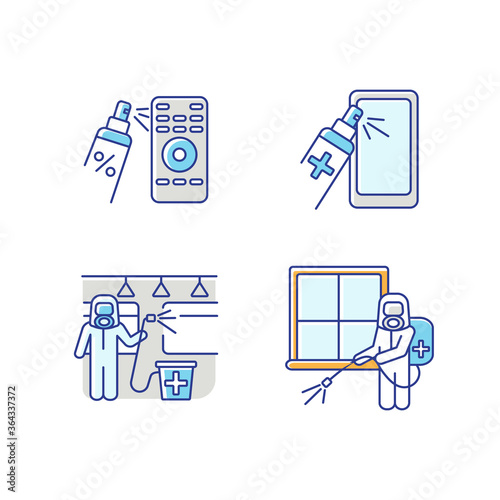 Sterilization RGB color icons set. Public transport and room fumigation, handheld devices cleaning. Disinfection, sanitary service. Isolated vector illustrations