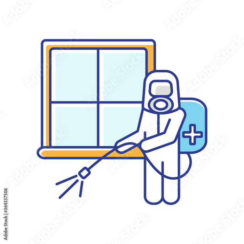 Room fumigation RGB color icon. Home decontamination, professional disinfection service. Chemical sterilization. Cleaner in hazmat suit isolated vector illustration