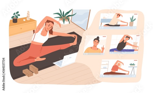 Smiling woman practicing online yoga classes at home vector flat illustration. Group of active female stretching on mat watching video lesson or live stream isolated. Sports girl doing exercise