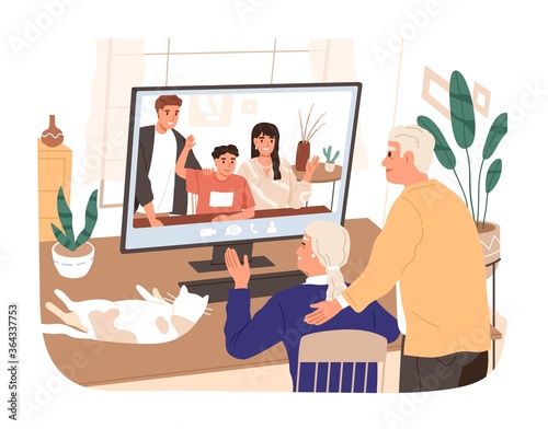 Adult children and grandchildren chatting with elderly relatives vector flat illustration. Aged man and woman talking making online video call use computer isolated. Family web communication