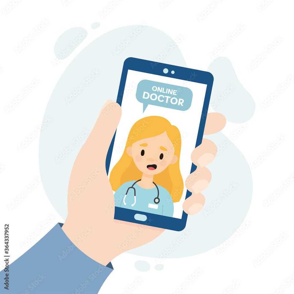 Online doctor consultation. Medical consultation through video call. Doctor consulting a patient through an online application. Hand holding a smartphone. Online doctor consultation. Medical consultation through video call. Doctor consulting a patient through an online application. Hand holding a smartphone.