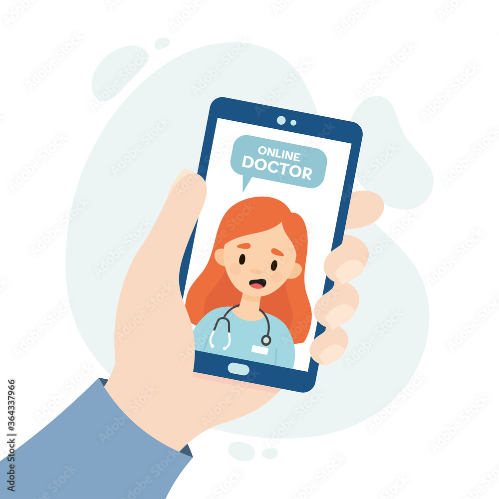Online doctor consultation. Medical consultation through video call. Doctor consulting a patient through an online application. Hand holding a smartphone. Online doctor consultation. Medical consultation through video call. Doctor consulting a patient through an online application. Hand holding a smartphone.