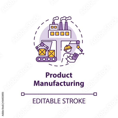 Product manufacturing concept icon. Factory development process. Conveyor operator. Product management idea thin line illustration. Vector isolated outline RGB color drawing. Editable stroke